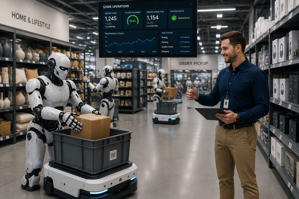 AI agents and human workers collaborating on store operations, with a live dashboard showing order and task status